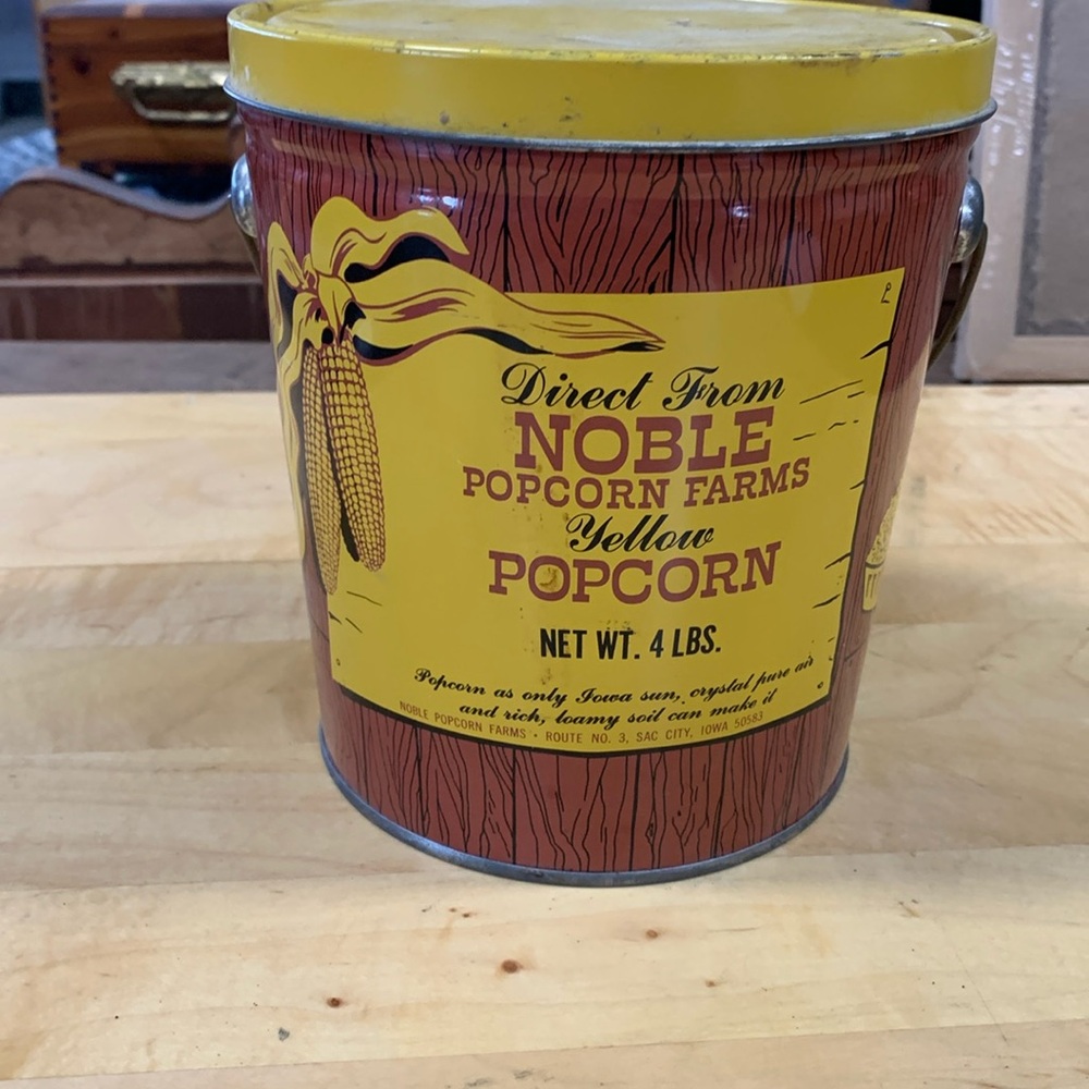Vintage Noble Farms Yellow Popcorn Pail Style Bucket Tin Can Advertising